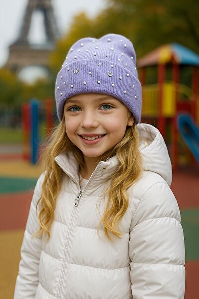 MARBERRY Beretă pentru fetiță cu broderie cu piatră de perle liliac 7-12 ani