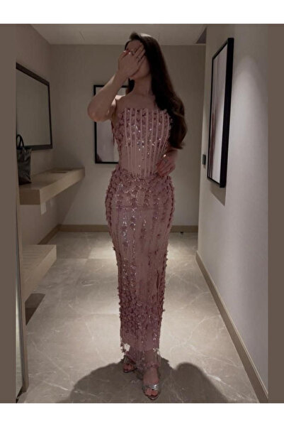TREN فستان سهرة طويل مطرز بالترتر والخرز قصة ضيقة فخم للحفلات والمناسبات الخاصة