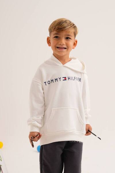 Karan Kids Unisex Children's White Printed Hooded Top and Bottom Set