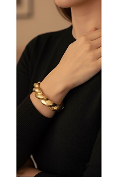 bettin tasarım 14K Altın Kaplama Kalın Burgulu Kadın Kelepçe Bilezik Altın Renk Paslanmaz Takı
