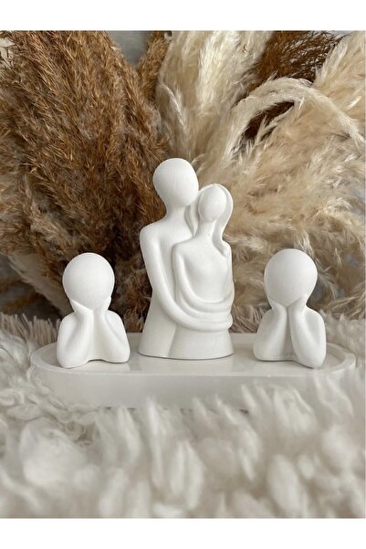 ÖMCTİCARET Sevimli 2 Çocuklu Aile Dekoratif Biblo Set Heykel Dekor Büst Obje