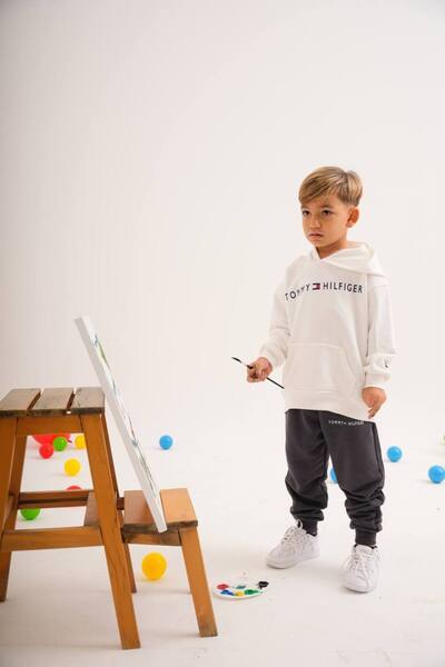 Karan Kids Unisex Children's White Printed Hooded Top and Bottom Set