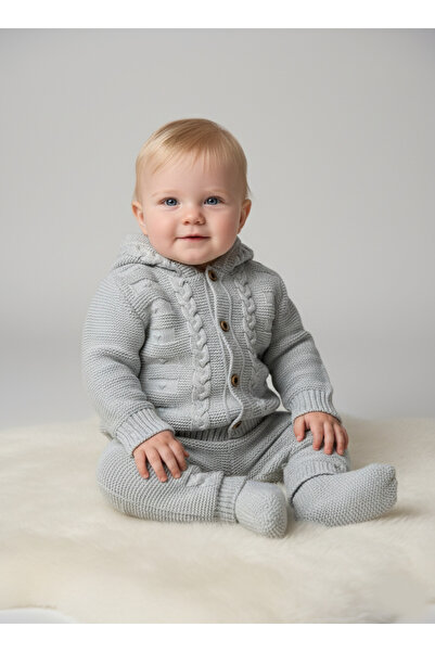 Çocuksan Baby&Kids Wear Gray 3-Piece Unisex Baby Girl-Boy Suit Geometric Patterned Hooded Knitwear Baby Suit