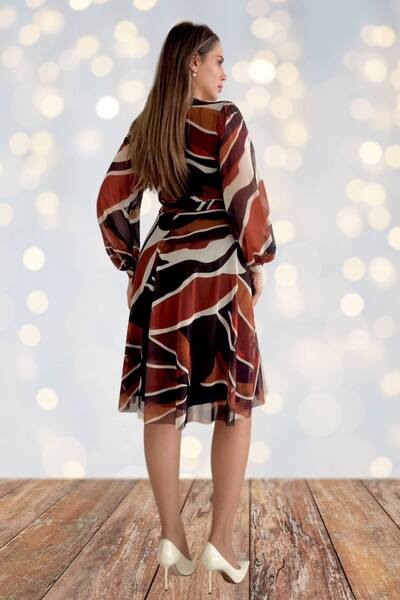 ZISHAN Large Size 42-48 | Double-Breasted Collar Patterned Chiffon Midi Dress - Coffee Tones 2687