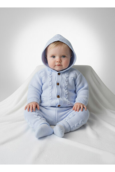 Çocuksan Baby&Kids Wear Blue 3-Piece Baby Boy Set Geometric Patterned Hooded Daily Knitwear Baby Set
