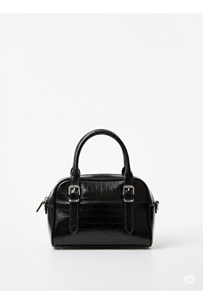 Global Kadın Siyah Kroko Desenli Mini El ve Omuz Çantası – Şık Parlak Model