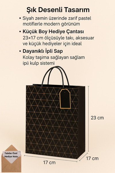 Tamsena Store Desenli Siyah Küçük Karton Hediye Çantası – Şık Motifli, İpli Taşıma Saplı, 23x17 cm