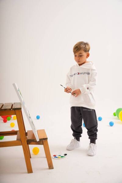 Karan Kids Unisex Children's White Printed Hooded Top and Bottom Set