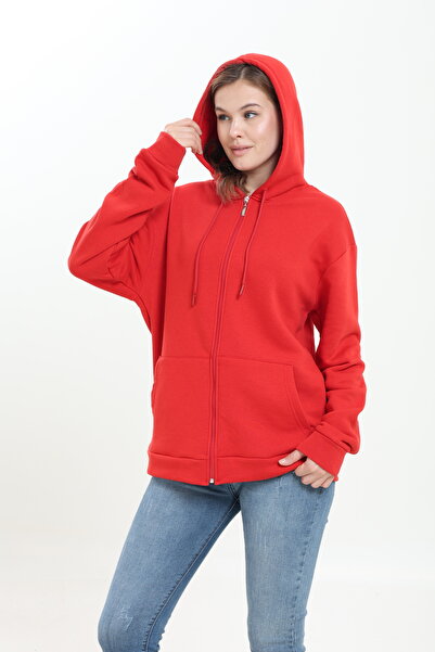 Tight Lady 100% Cotton, No Shearling, 3 Threads, Oversized Wide Fit, Zippered, Hooded Kangru Pockets, Sweatshirt Cardigan