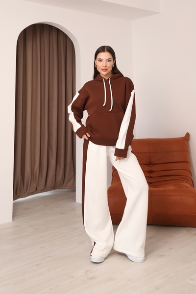 02Lady Fashion Hooded Wide Leg Fleece-Lined Three Thread Tracksuit Set