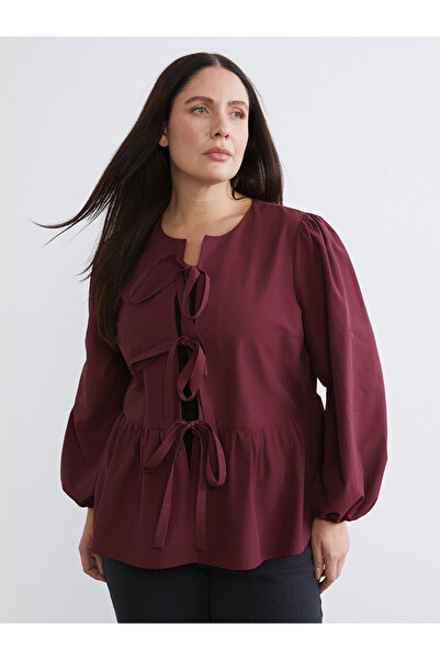 LC Waikiki Bordo Büyük Beden Fiyonk Bağlama Detaylı Kadın Gömlek