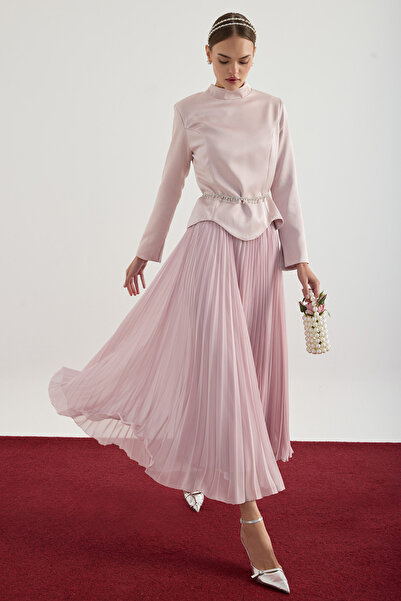 Birgül Bektaş Pearl Satin Blouse Skirt Set