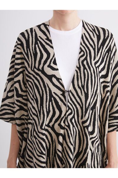 LC Waikiki Lcw Grace V-Neck Zebra Patterned Oversized Women's Knitwear Poncho