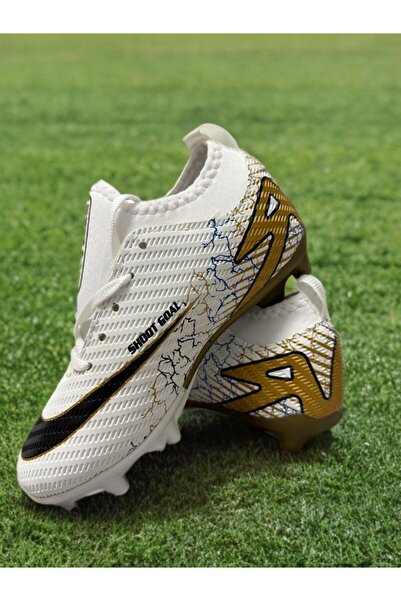 sinmm Children's Crampon and Carpet Field Football Shoes with Socks Gear White*Gold Color