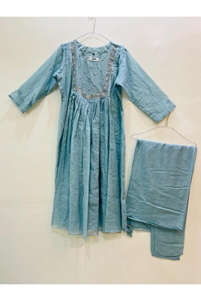 LEEM CLOTHINGS Women Sky blue embroidered Indian Anarkali kurta set with pants and a dupatta.