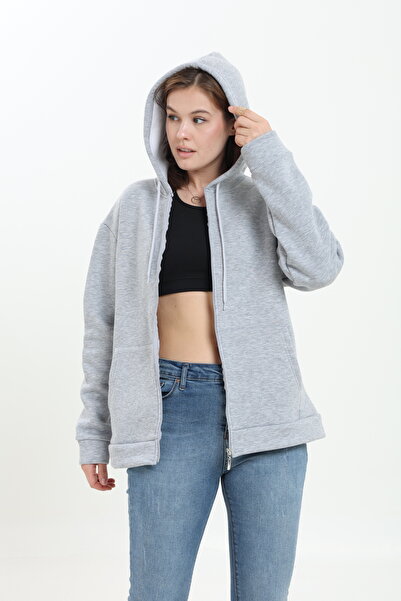 Tight Lady Gray Melange 3-Thread Kangaroo Pocket Hooded Zippers Inside Fleece Lined Oversized Women's Sweatshirt Cardigan