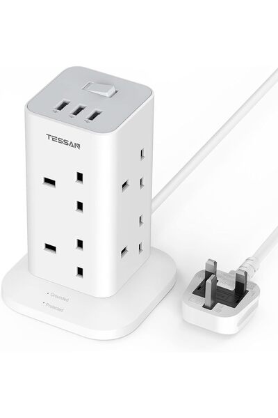 TESSAN 8-way Tower Power Strip with 3 USB Ports, Surge Protector, Switch, 2m ...