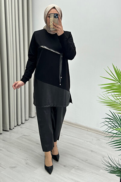 T Moda Store Noshe Deri ve Fermuar Detaylı Tesettür Kadın Tunik