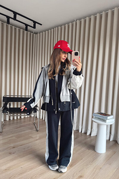 Sue Store Navy Blue Gray Paneled Tracksuit Set