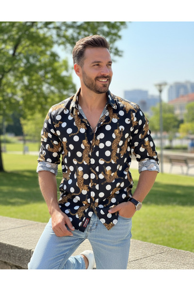 YusGos Long Sleeve Cotton Easy Iron Tiger Pattern Regular Fit Premium Men's Shirt