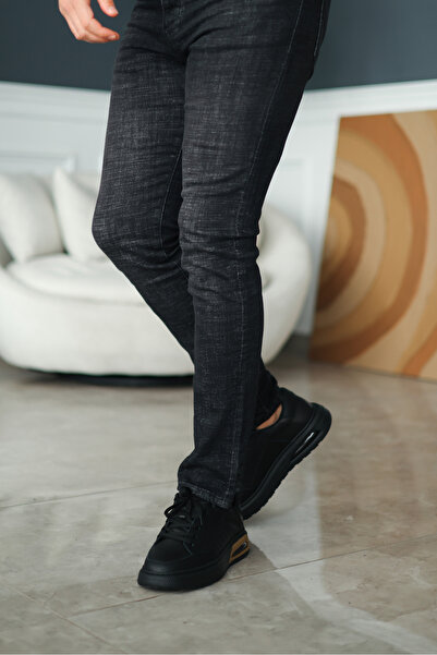 Avni Ceylan Men's Black Leather Sneaker Shoes with Sole Detail