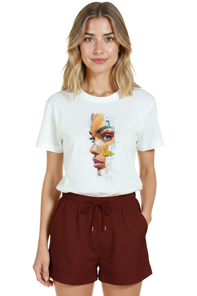 Color Luxe Women's White Relaxed Fit 100% Cotton T-Shirt – Linear Portrait Wa...