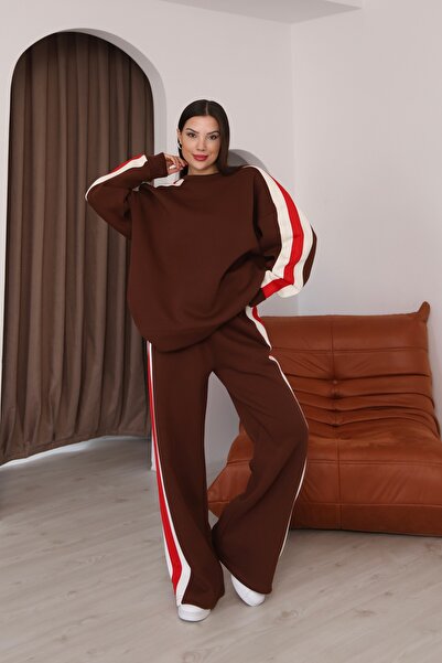 sportiness Oversized Striped Detail Wide Leg Three Thread Tracksuit Set