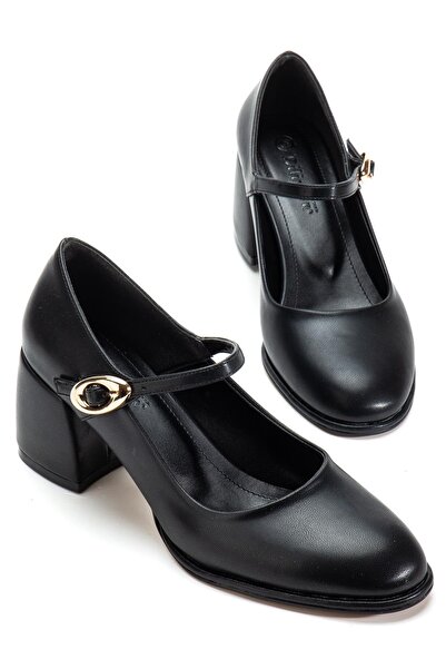 Dilimler Ayakkabı Black Women's Thick Heeled Shoes with Hard Hats and Vardola Thick Buckles