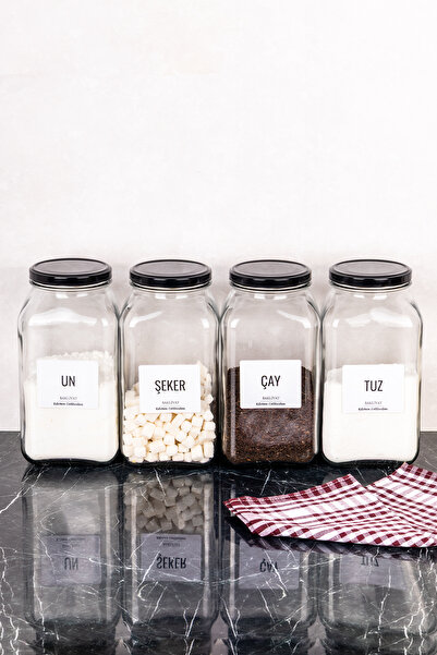 dnshome 4'lü Un Çay Şeker Tuz Etiketli 3 lt Cam Kavanoz Seti Metal Kapaklı Ca...