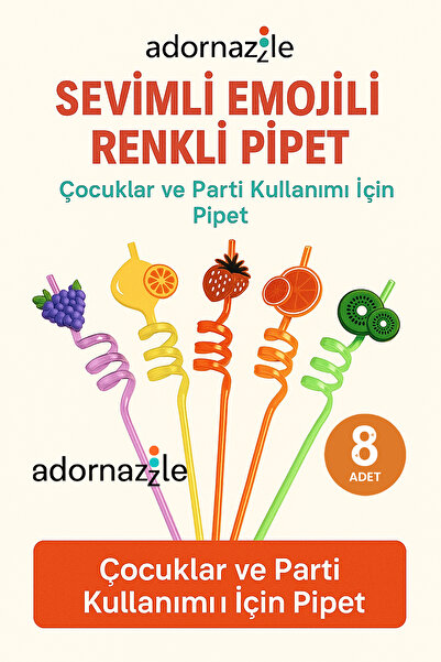adornazzle 8 Adet Meyve ve Emoji Figürlü Pipetler, Tekrar Kullanılabilir Pipe...