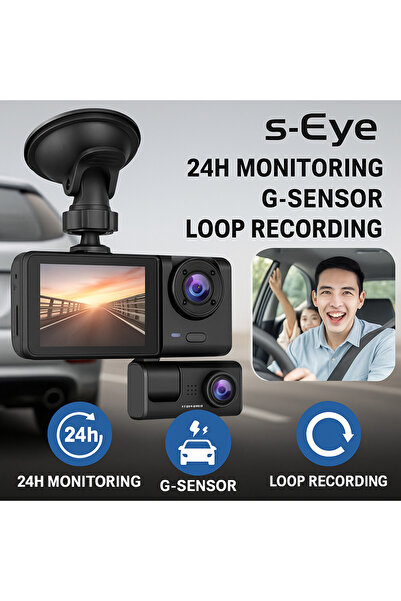 s-Eye Cameră Auto Triplă DriveGuard – Față, Interior și Spate, Full HD 1080P, Senzor-G și Detecție