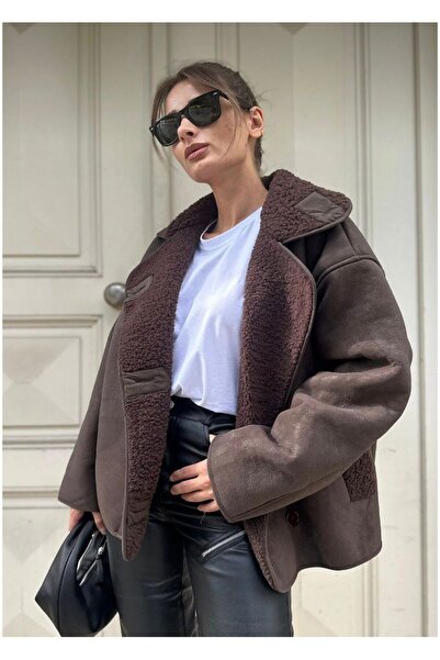 LİNORA Coat Mont Suede with Plush Inside Oversized Brown