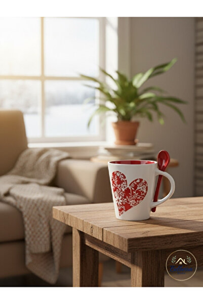 BUENOS Kırmızı Kalpli Kaşıklı Kupa Bardağı