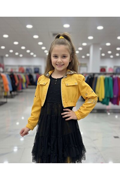Asyagiyimavm Sarı Kot Ceketli Siyah Tüllü Kız Çocuk Elbise Takımı