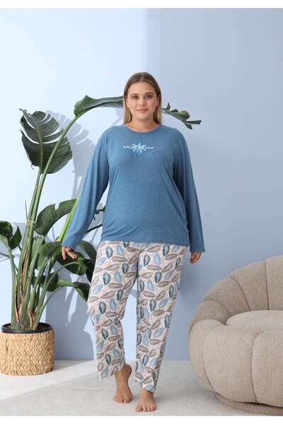 TOSKI Women's Pajamas, Big Size, ''PLAM BEACH" with Pants and Long Sleeves, Blue