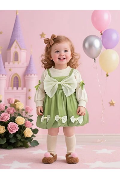 LORE MİEL Girls' Long Sleeve Ribbon Dress