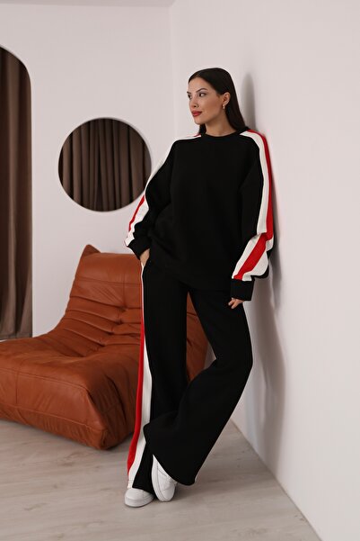 02Lady Fashion detaliu cu dungi supradimensionat Set de trening cu trei fire cu picioare largi