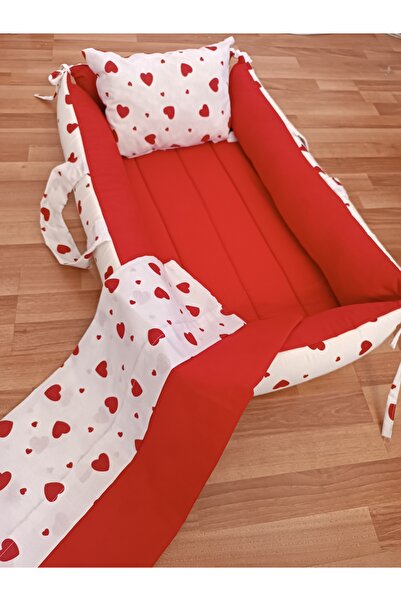 SARIYILDIZ BABYNEST Kırmızı Kalpli 3 Parça Kare Yatak Seti