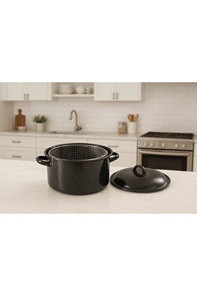 BOSSİO Fryer Lid Enamel Strainer Basket Fireproof Non-Stick Frying Pot