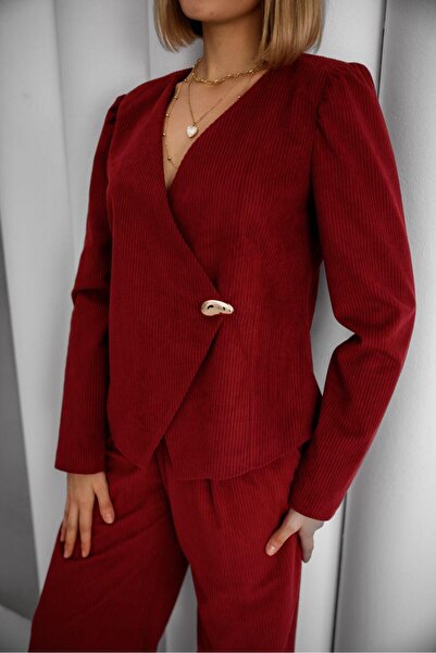 EsSo butik Corded Fabric Velvet Gold Button Asymmetrical Cut Jacket