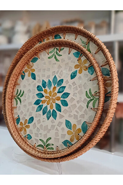 akdeniz home MIEN HASIR ÖRGÜ & TABANLI YUVARLAK TEPSİ SETİ