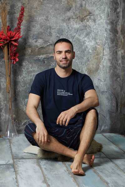 Serena Pijama bărbați din bumbac – tricou imprimeu "Positive" -Bleumarin