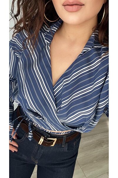 Oslove Navy Blue Striped Double-Breasted Tie Crop Shirt