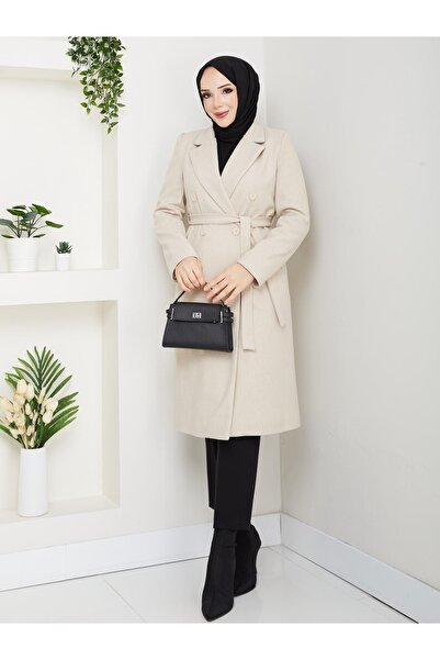 nisanurfashion معطف نسائي بلون كريمي مع حزام