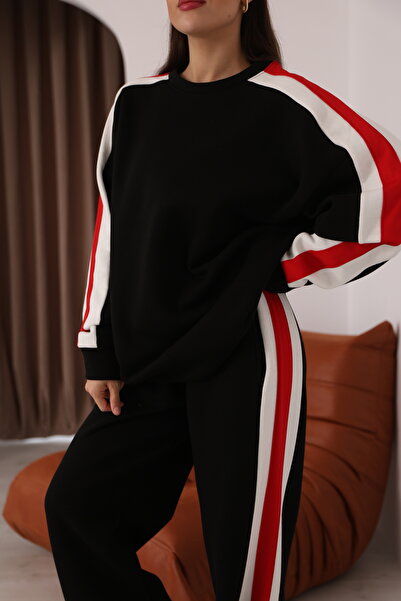 sportiness supradimensionat detaliu cu dungi Set de trening cu trei fire cu picioare largi