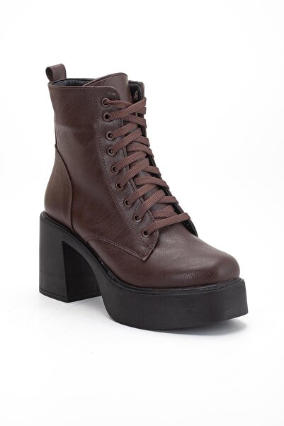 Dilimler Ayakkabı Brown Women's Platform Heeled Boots Lace-Up Zippered