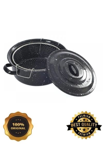 BOSSİO Fryer Lid Enamel Strainer Basket Fireproof Non-Stick Frying Pot