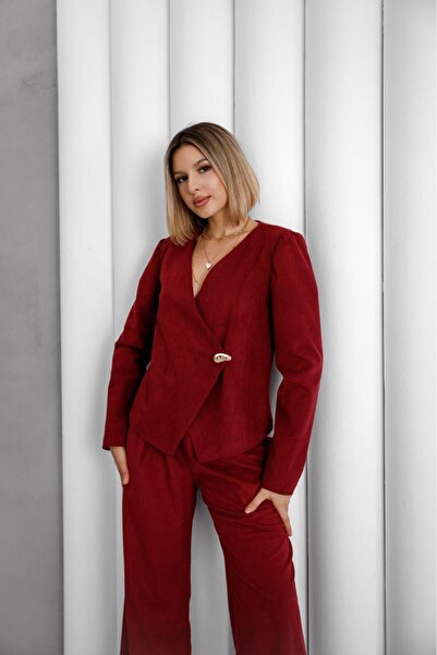 EsSo butik Corded Fabric Velvet Gold Button Asymmetrical Cut Jacket