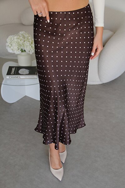 Julidress Bitter Brown Polka Dot Elastic Waistband Slit Cut Midi Length Premium Satin Skirt