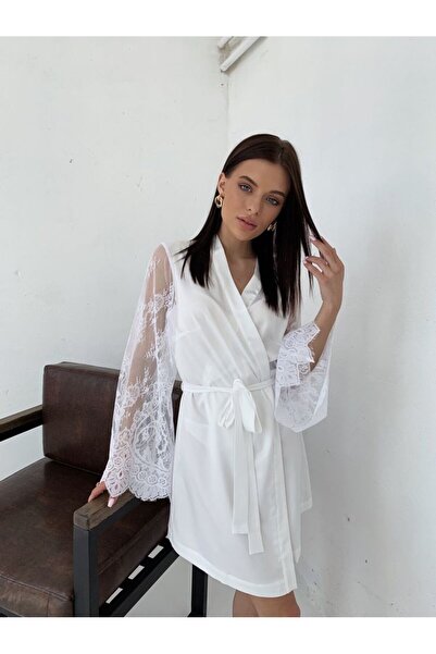 lousa Silky Satin Lace Sleeve Short White Dressing Gown